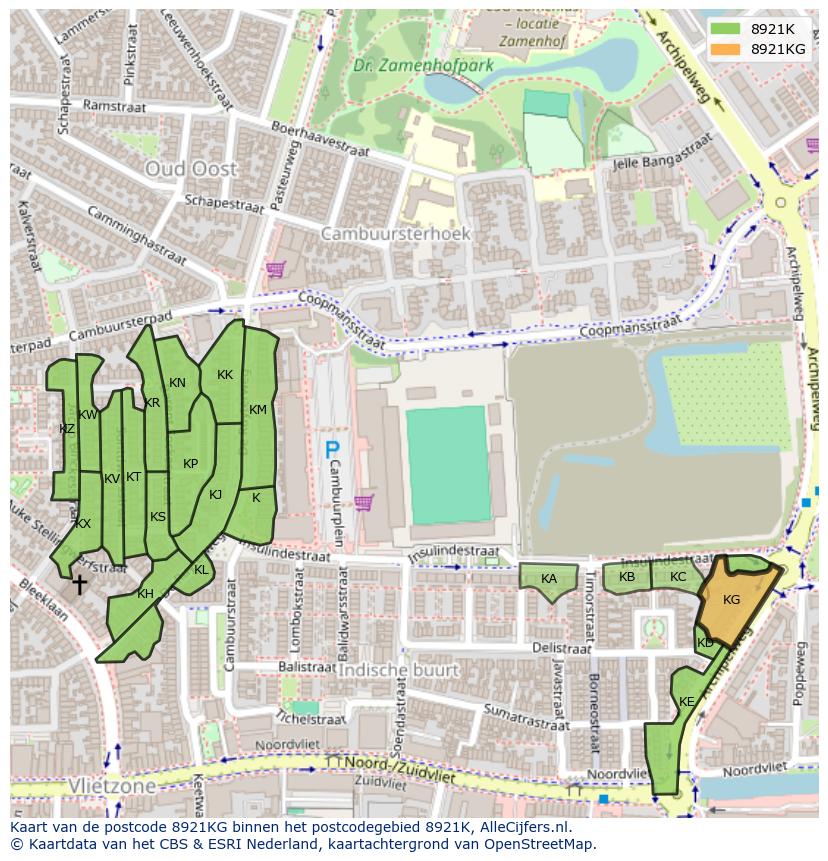Afbeelding van het postcodegebied 8921 KG op de kaart.