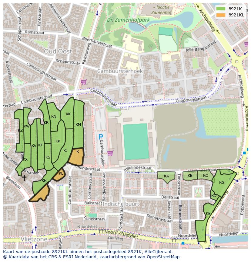 Afbeelding van het postcodegebied 8921 KL op de kaart.