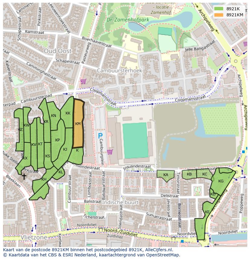 Afbeelding van het postcodegebied 8921 KM op de kaart.