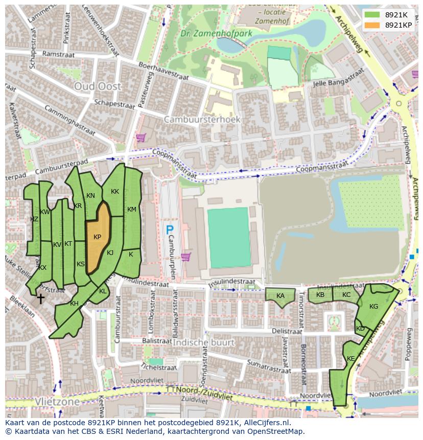 Afbeelding van het postcodegebied 8921 KP op de kaart.