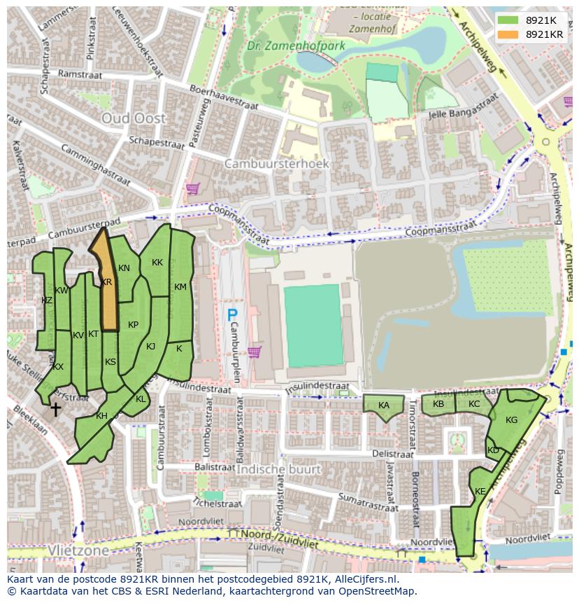 Afbeelding van het postcodegebied 8921 KR op de kaart.