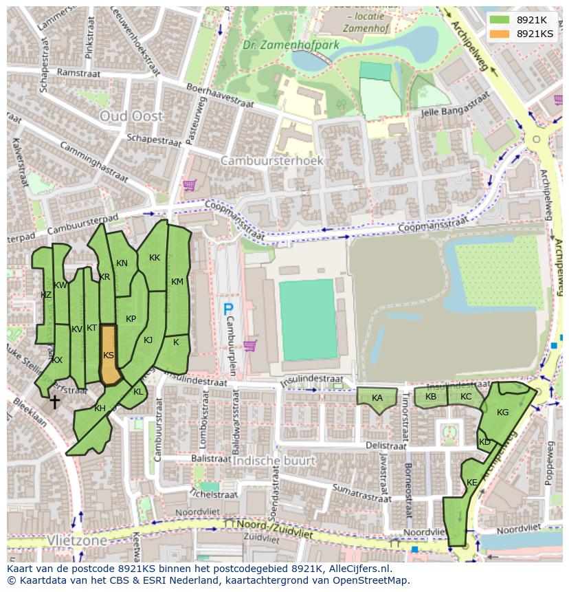 Afbeelding van het postcodegebied 8921 KS op de kaart.