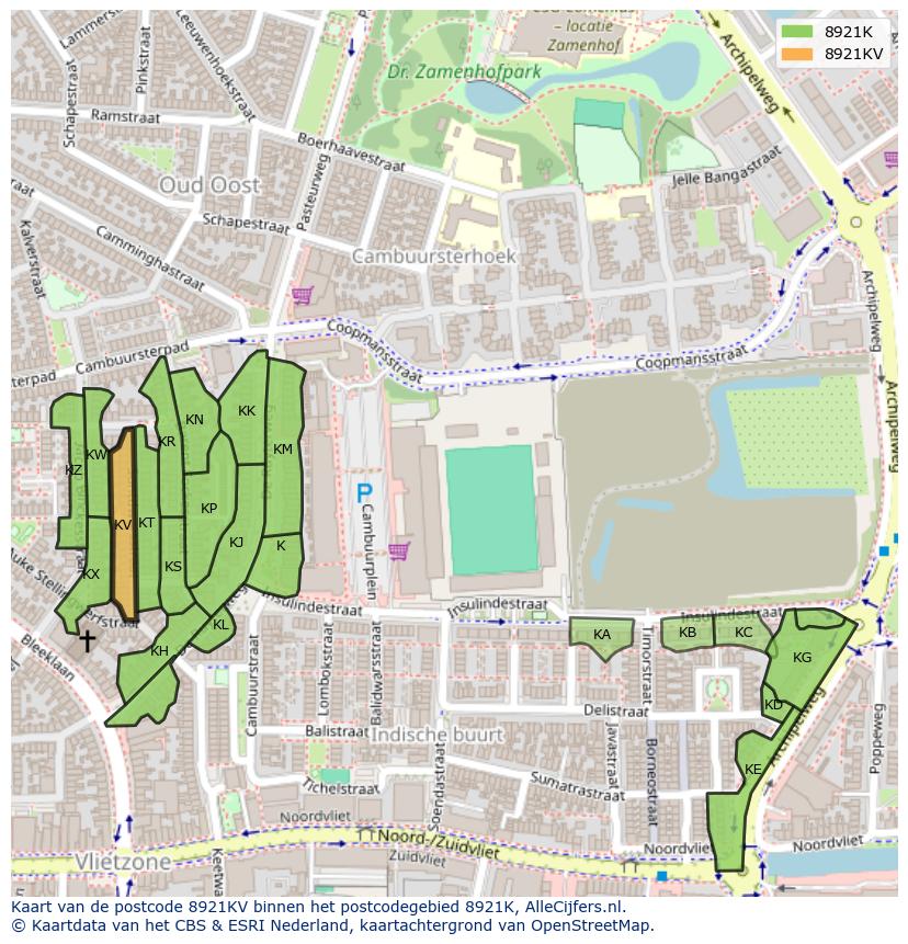 Afbeelding van het postcodegebied 8921 KV op de kaart.