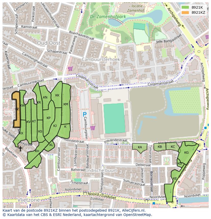 Afbeelding van het postcodegebied 8921 KZ op de kaart.