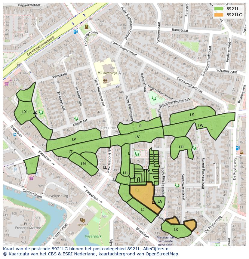 Afbeelding van het postcodegebied 8921 LG op de kaart.