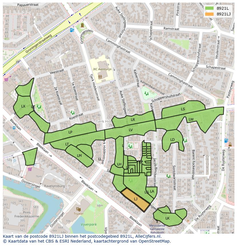 Afbeelding van het postcodegebied 8921 LJ op de kaart.