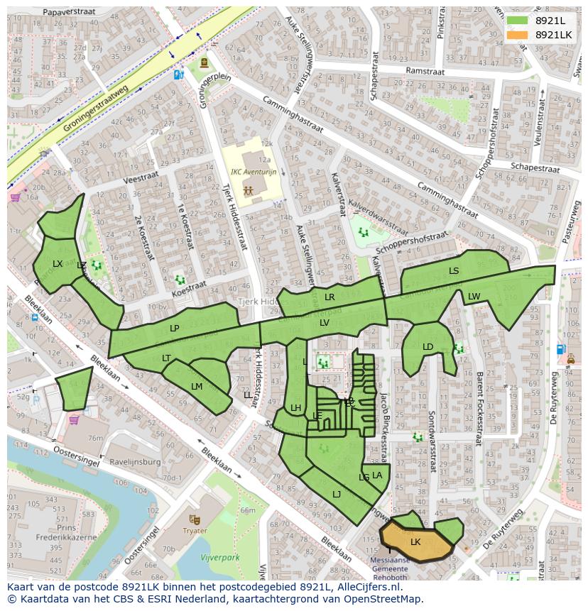 Afbeelding van het postcodegebied 8921 LK op de kaart.