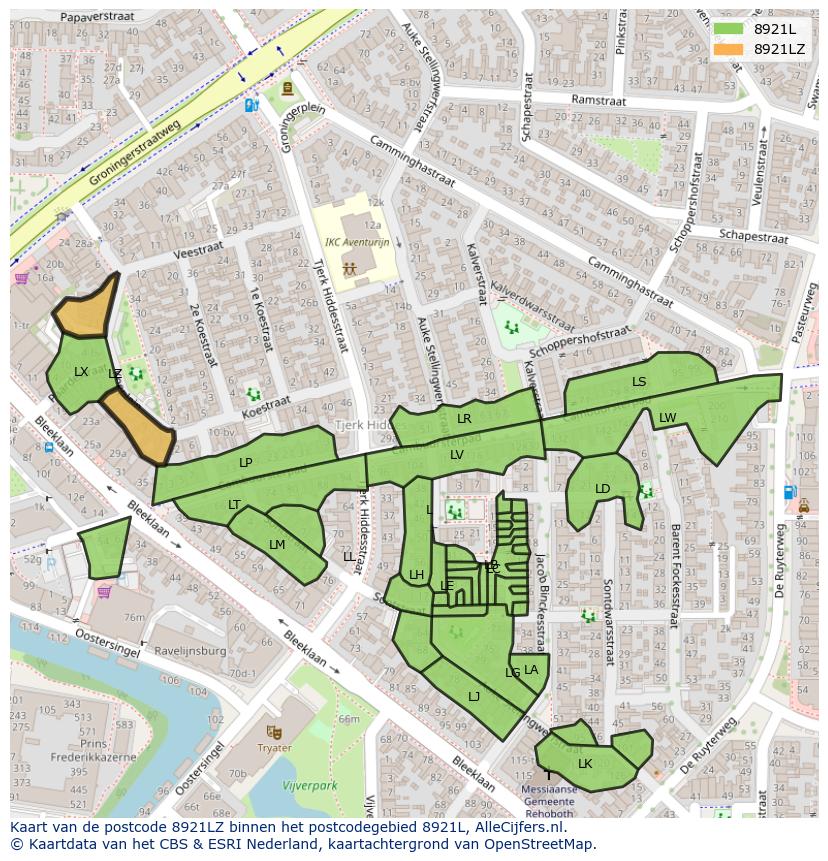 Afbeelding van het postcodegebied 8921 LZ op de kaart.