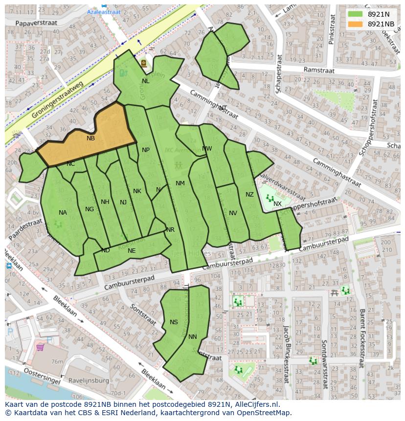 Afbeelding van het postcodegebied 8921 NB op de kaart.