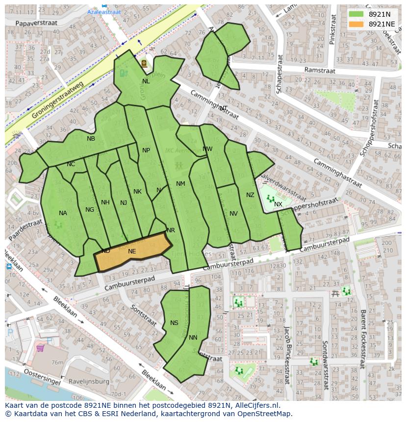 Afbeelding van het postcodegebied 8921 NE op de kaart.