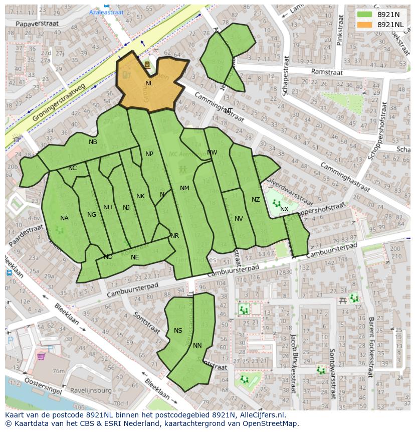 Afbeelding van het postcodegebied 8921 NL op de kaart.