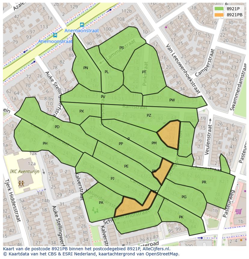 Afbeelding van het postcodegebied 8921 PB op de kaart.