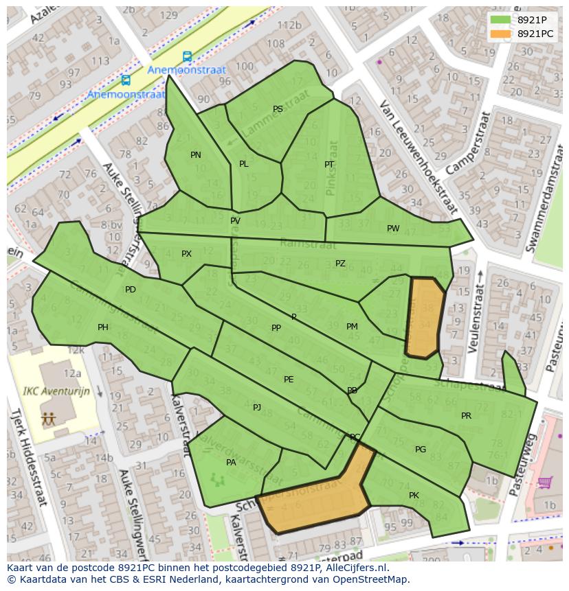 Afbeelding van het postcodegebied 8921 PC op de kaart.