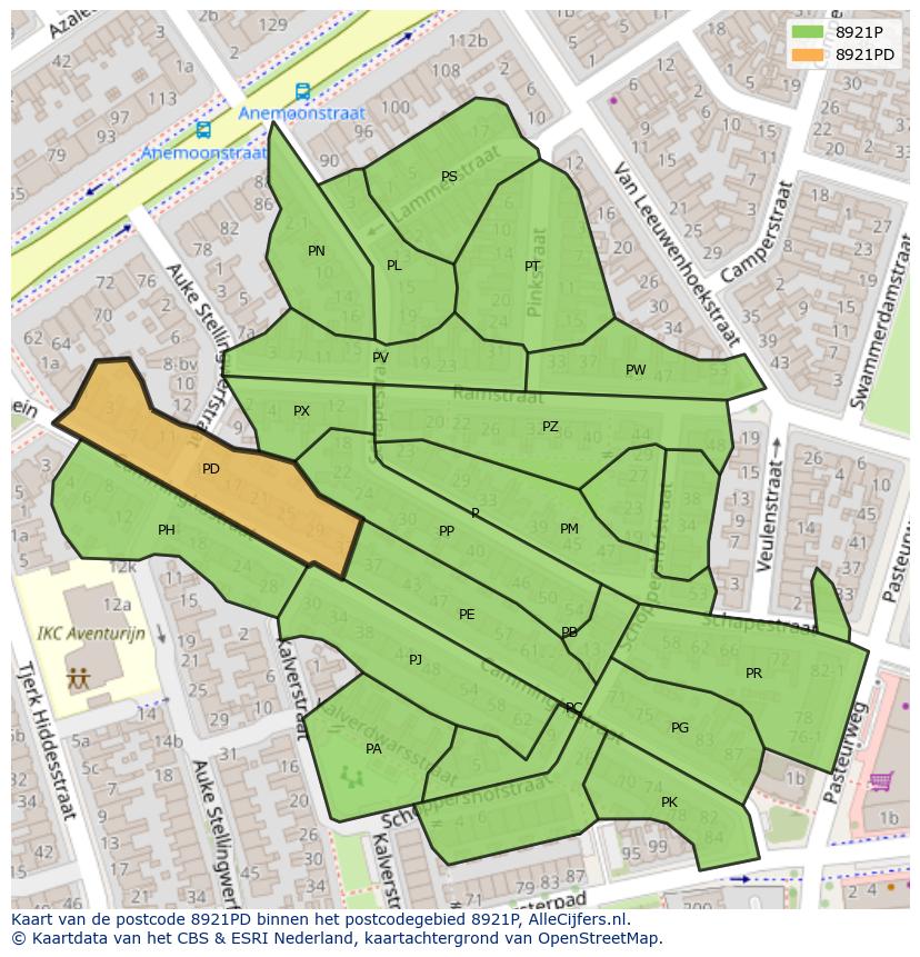 Afbeelding van het postcodegebied 8921 PD op de kaart.