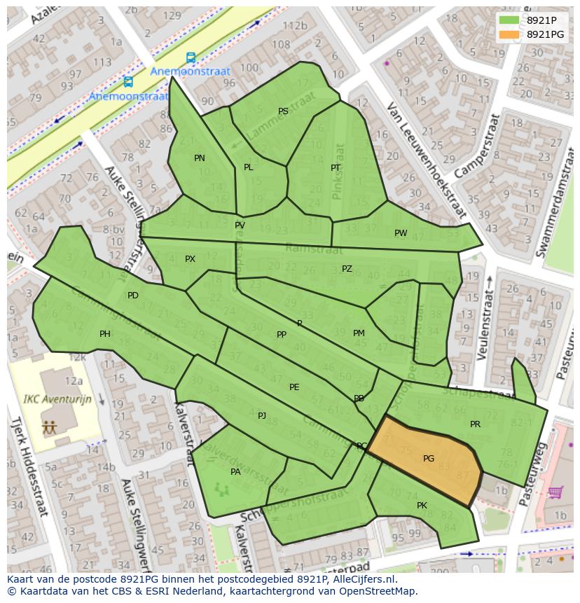 Afbeelding van het postcodegebied 8921 PG op de kaart.