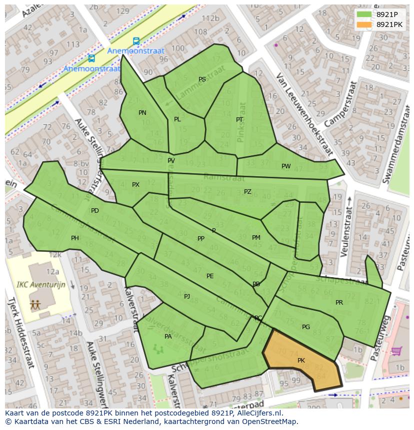Afbeelding van het postcodegebied 8921 PK op de kaart.