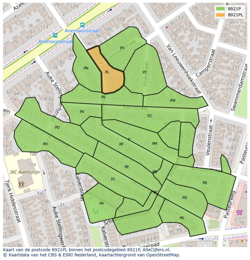 Afbeelding van het postcodegebied 8921 PL op de kaart.