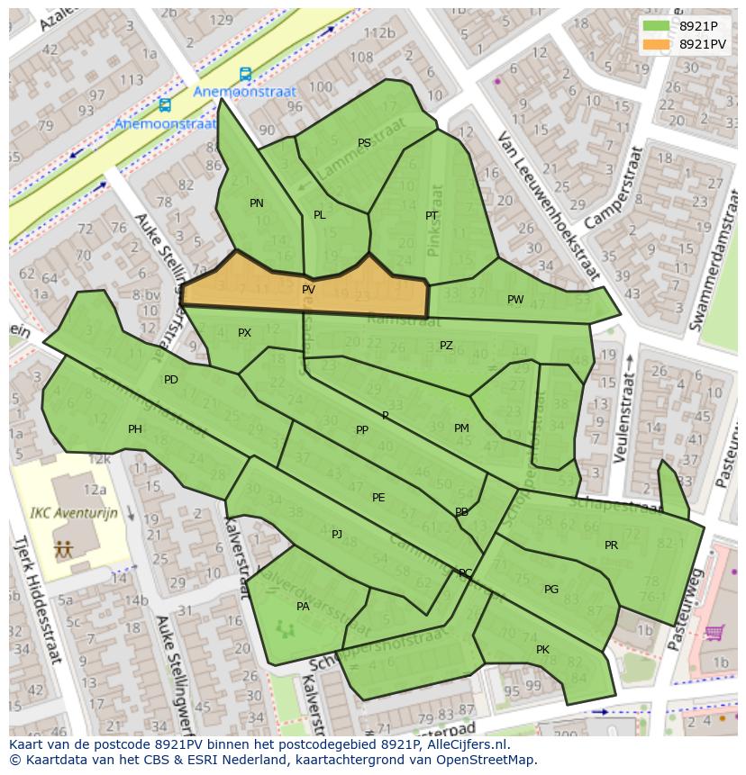 Afbeelding van het postcodegebied 8921 PV op de kaart.