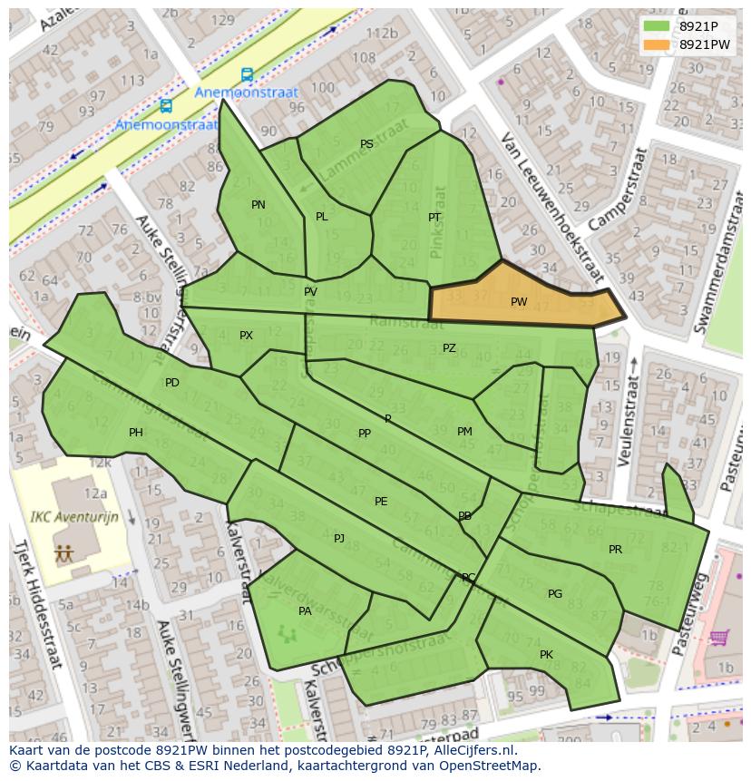 Afbeelding van het postcodegebied 8921 PW op de kaart.