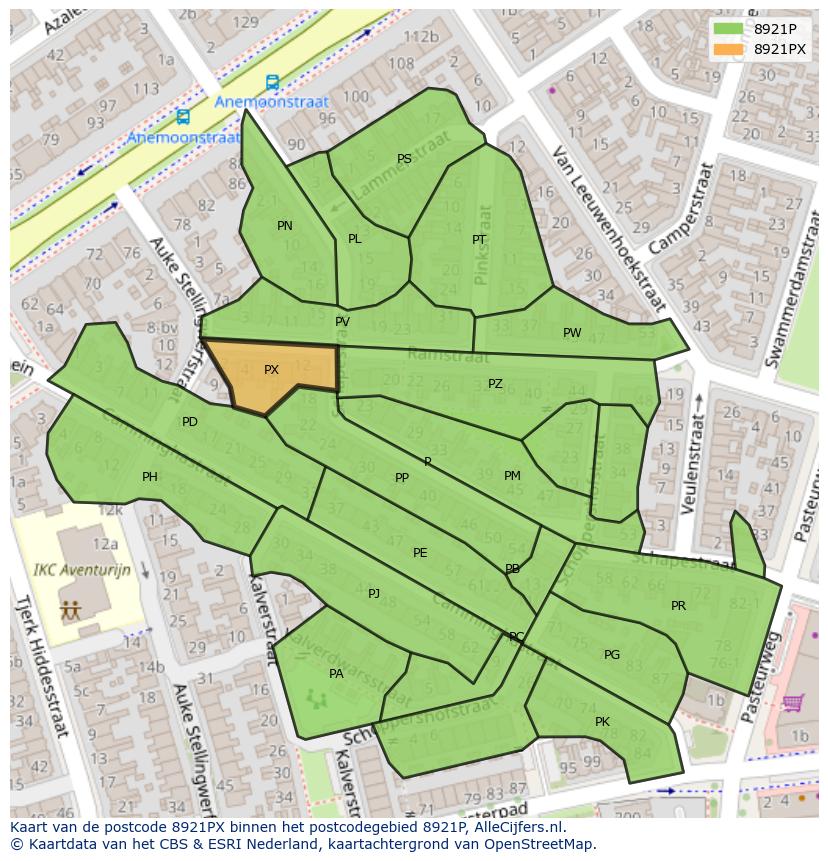 Afbeelding van het postcodegebied 8921 PX op de kaart.