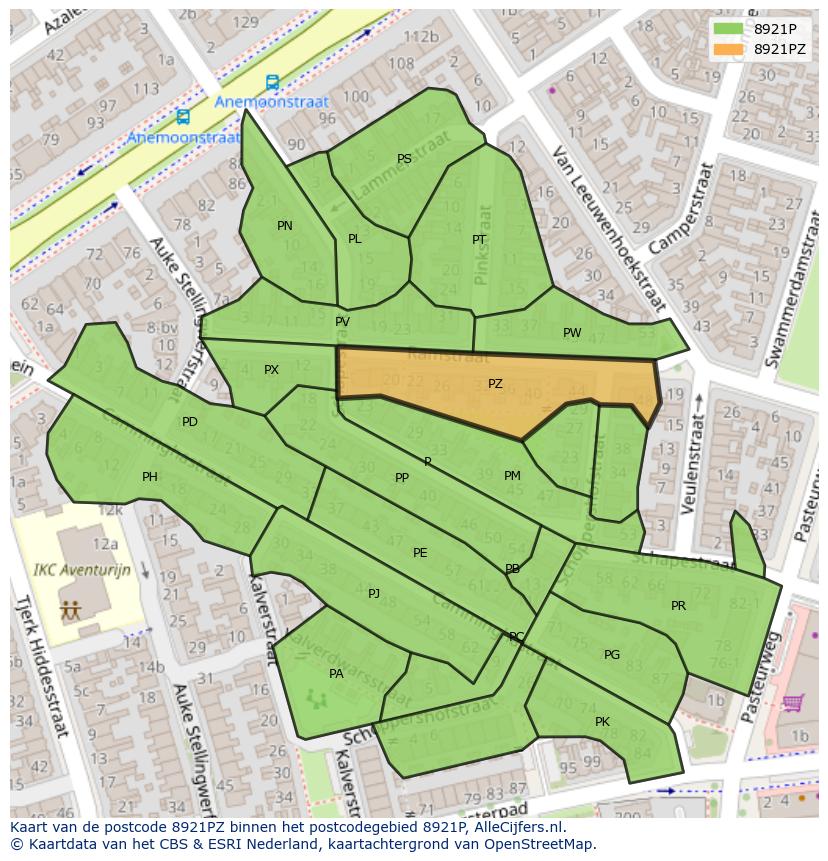 Afbeelding van het postcodegebied 8921 PZ op de kaart.