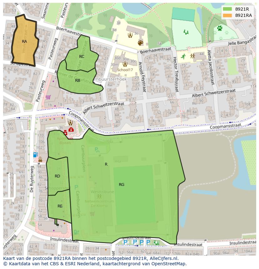 Afbeelding van het postcodegebied 8921 RA op de kaart.
