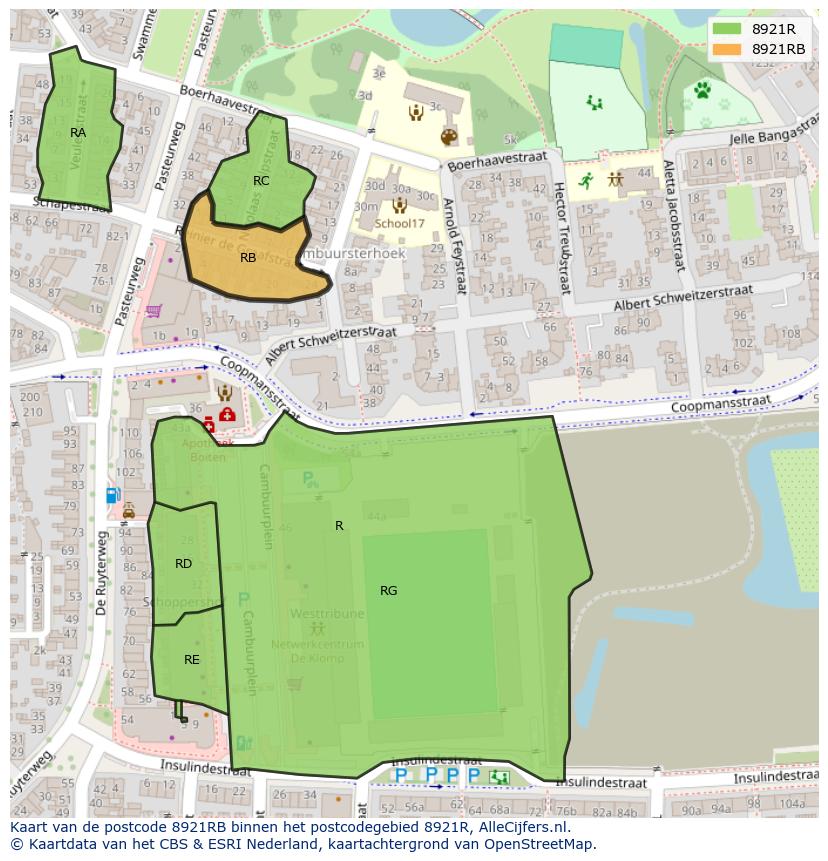 Afbeelding van het postcodegebied 8921 RB op de kaart.