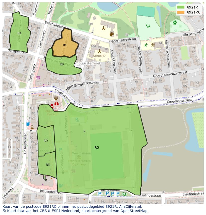 Afbeelding van het postcodegebied 8921 RC op de kaart.