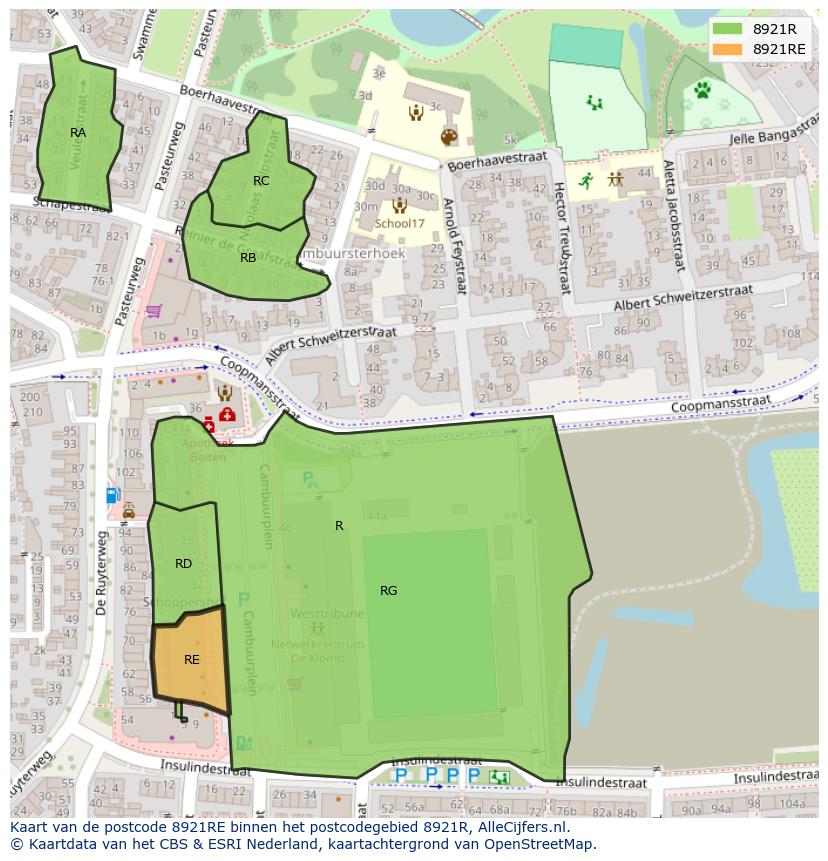 Afbeelding van het postcodegebied 8921 RE op de kaart.