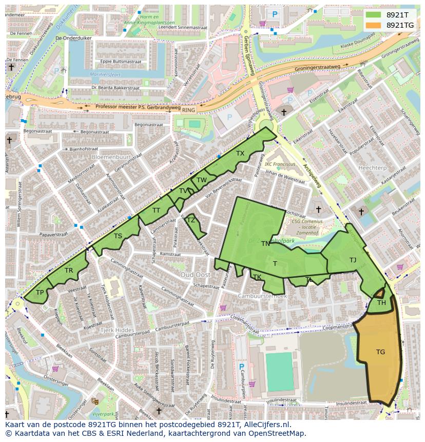 Afbeelding van het postcodegebied 8921 TG op de kaart.