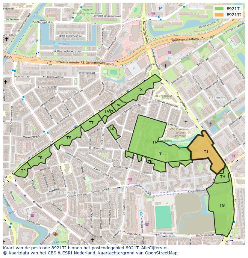 Afbeelding van het postcodegebied 8921 TJ op de kaart.