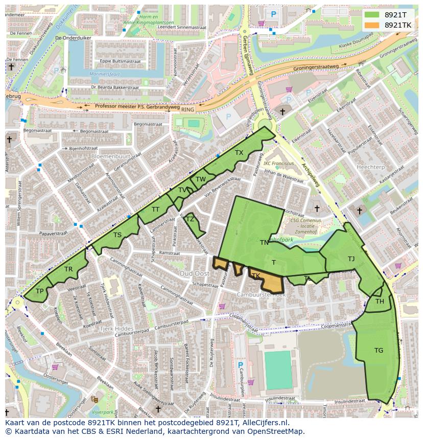 Afbeelding van het postcodegebied 8921 TK op de kaart.