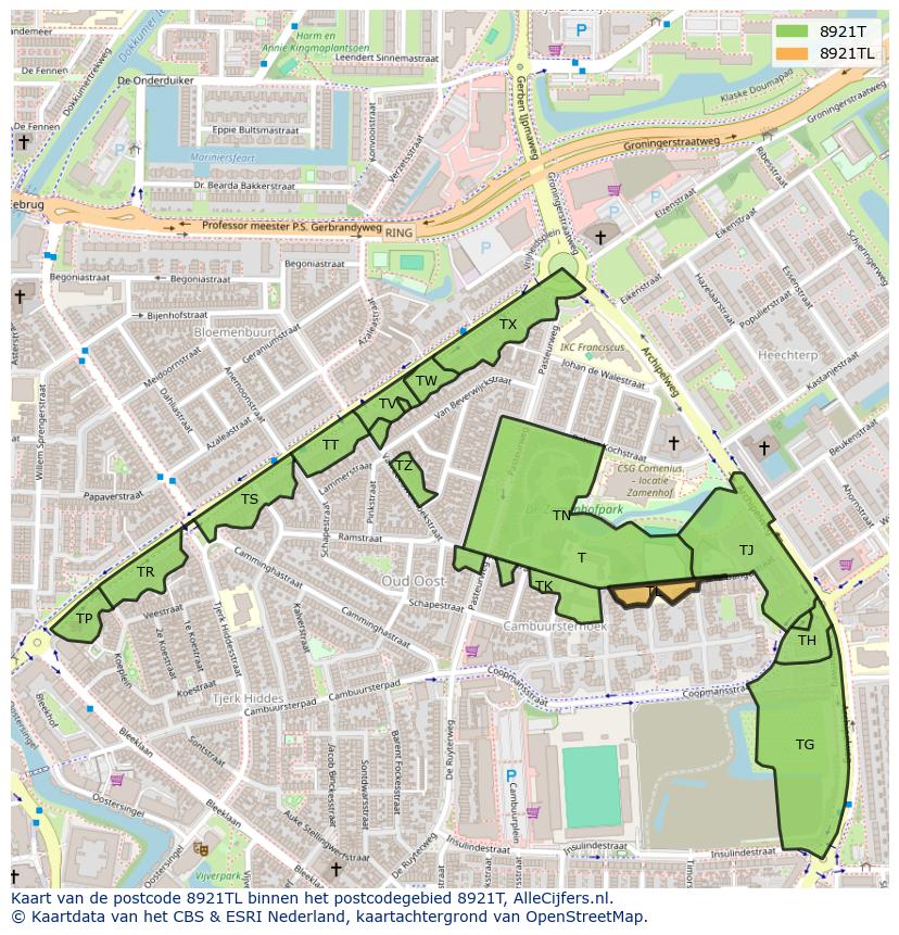 Afbeelding van het postcodegebied 8921 TL op de kaart.