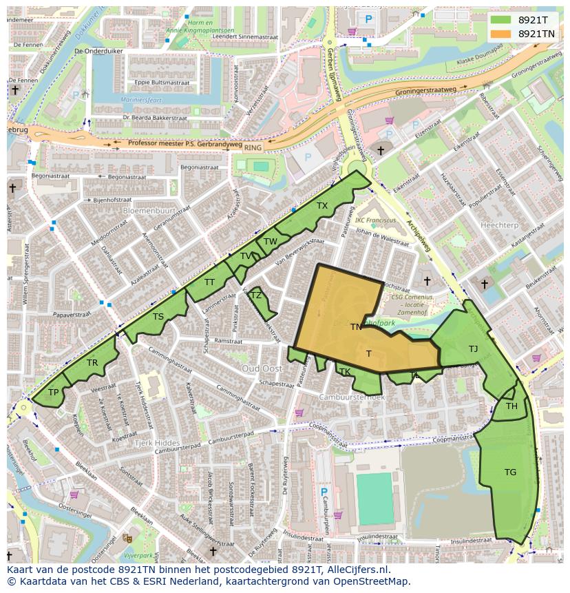 Afbeelding van het postcodegebied 8921 TN op de kaart.