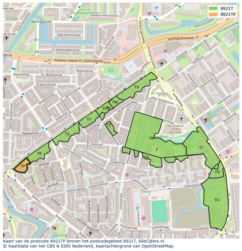 Afbeelding van het postcodegebied 8921 TP op de kaart.