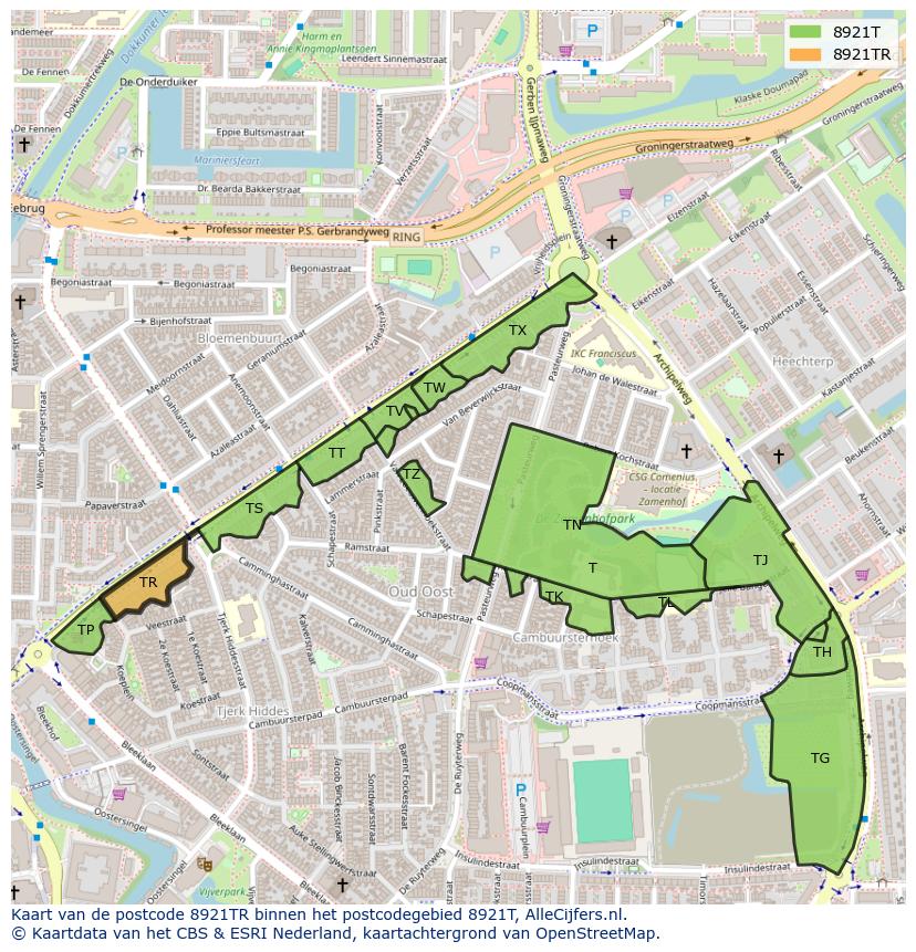Afbeelding van het postcodegebied 8921 TR op de kaart.