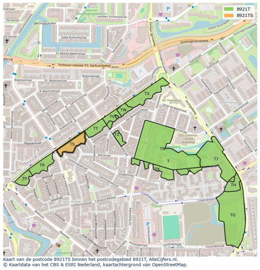 Afbeelding van het postcodegebied 8921 TS op de kaart.