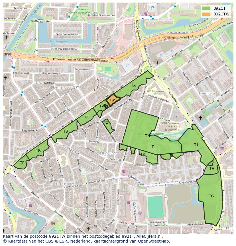 Afbeelding van het postcodegebied 8921 TW op de kaart.