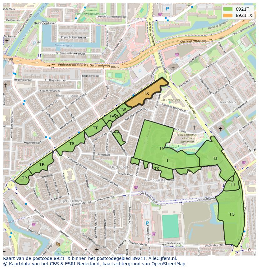 Afbeelding van het postcodegebied 8921 TX op de kaart.