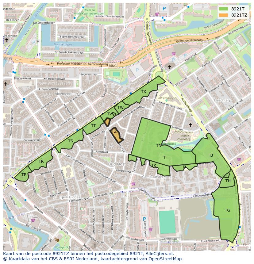 Afbeelding van het postcodegebied 8921 TZ op de kaart.