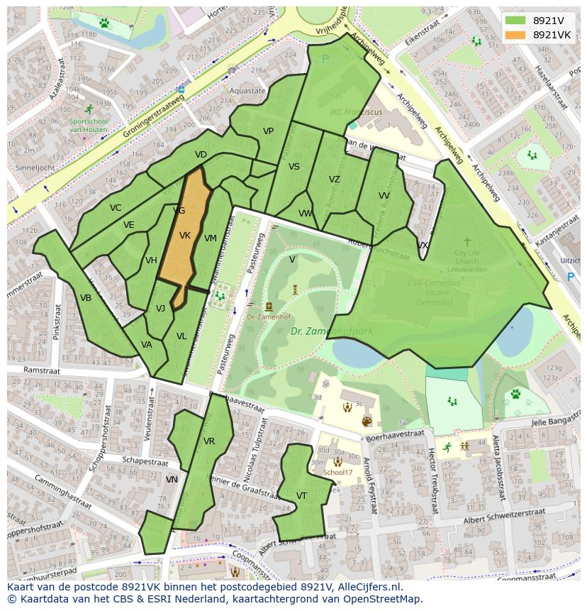 Afbeelding van het postcodegebied 8921 VK op de kaart.
