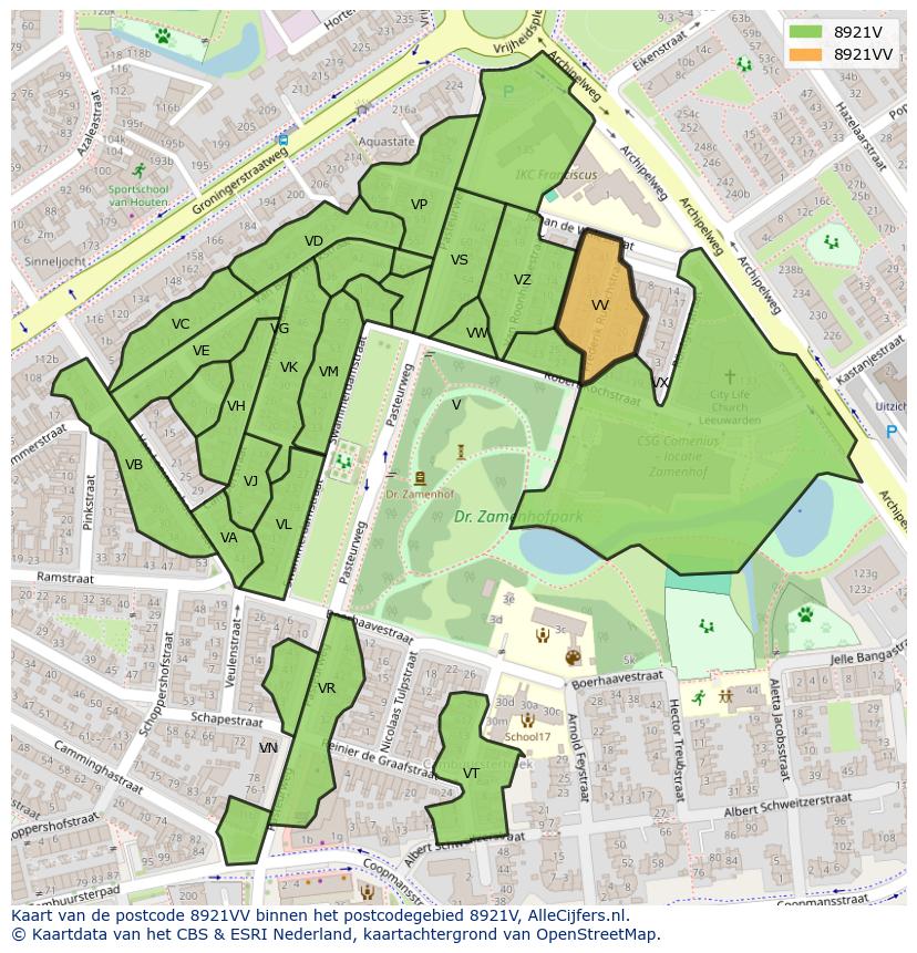 Afbeelding van het postcodegebied 8921 VV op de kaart.