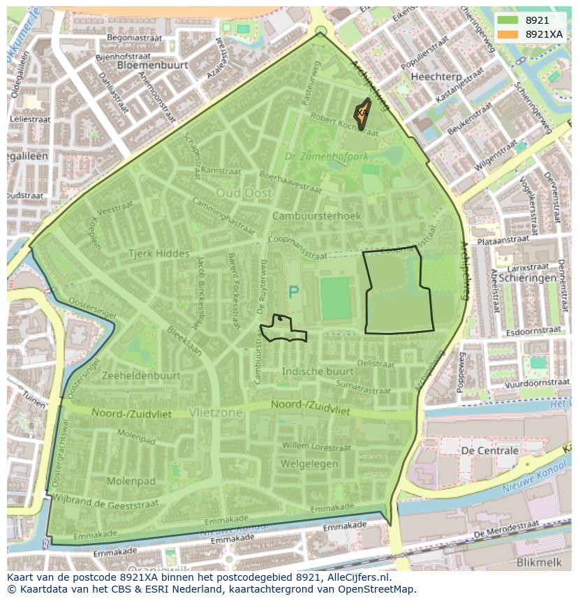 Afbeelding van het postcodegebied 8921 XA op de kaart.