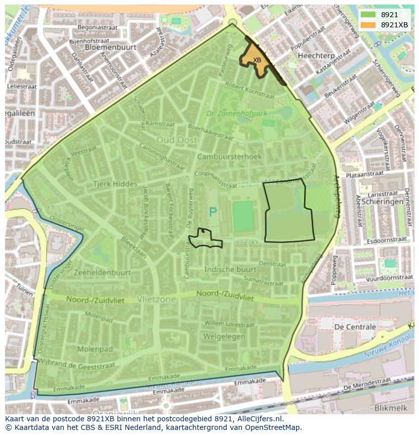 Afbeelding van het postcodegebied 8921 XB op de kaart.