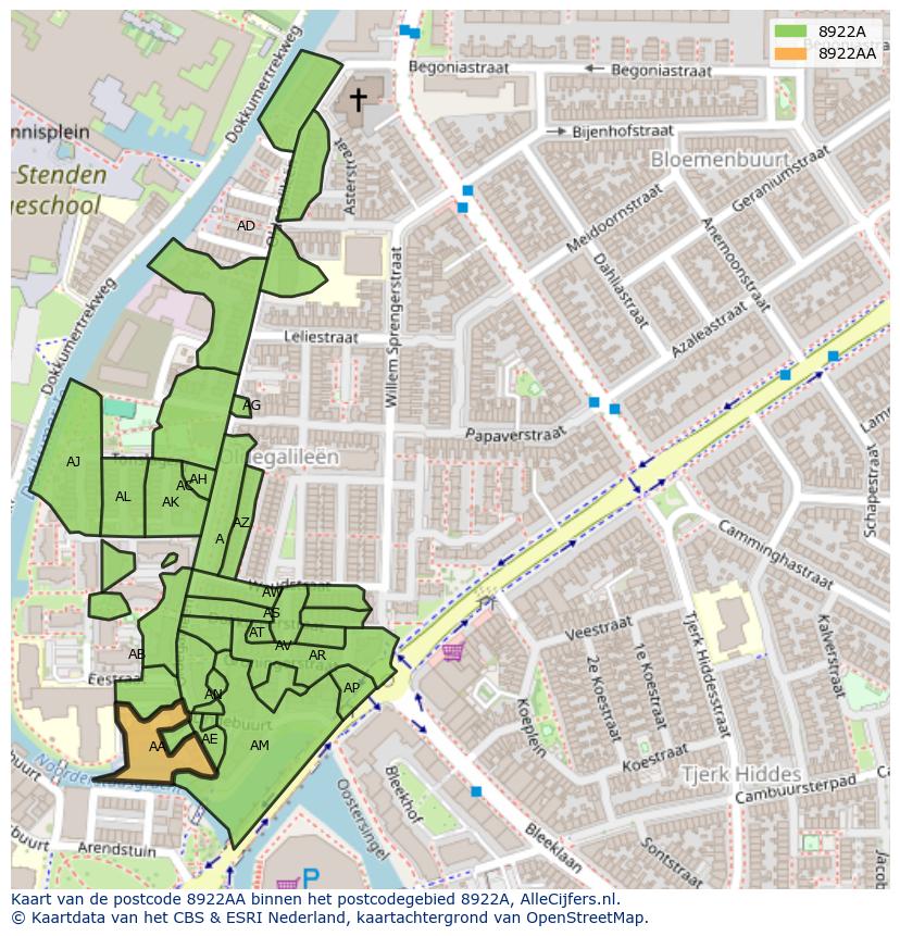 Afbeelding van het postcodegebied 8922 AA op de kaart.