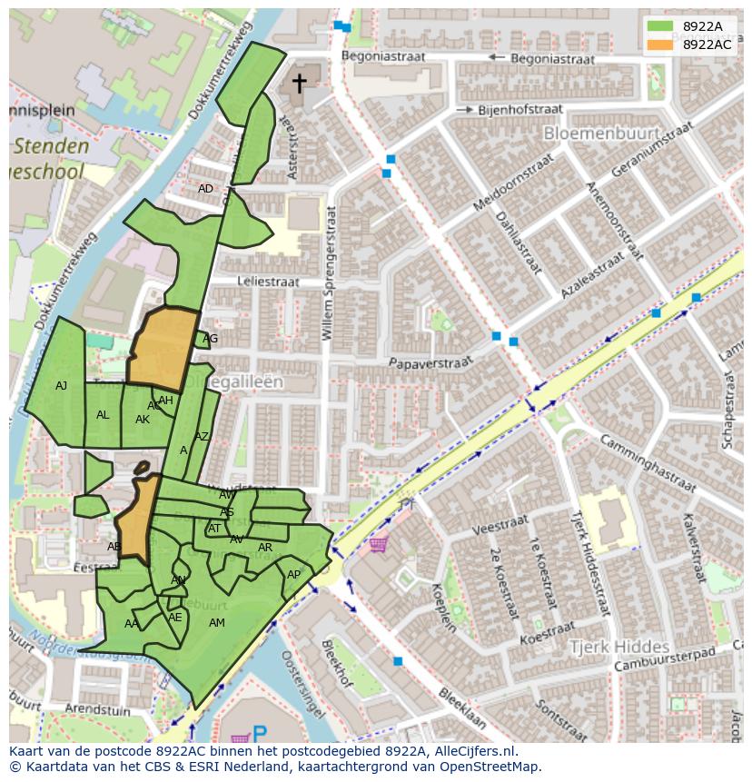 Afbeelding van het postcodegebied 8922 AC op de kaart.