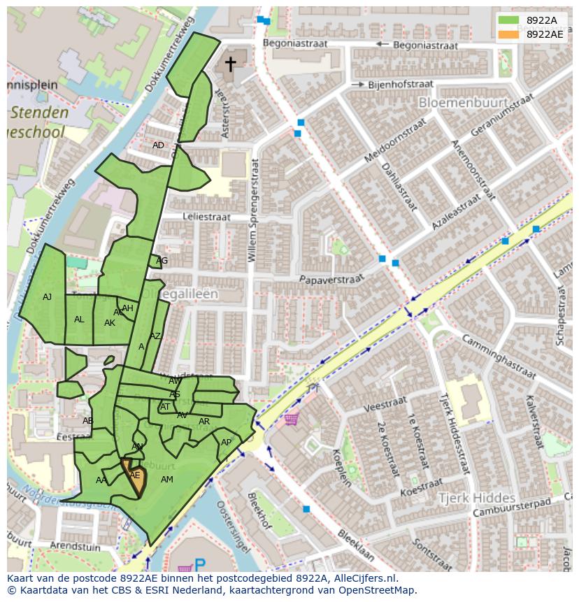 Afbeelding van het postcodegebied 8922 AE op de kaart.