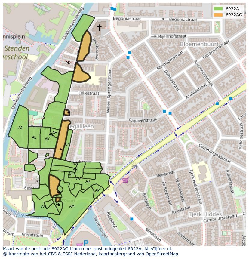 Afbeelding van het postcodegebied 8922 AG op de kaart.