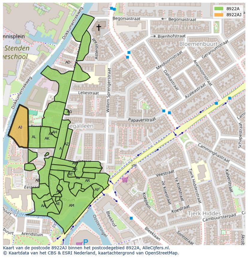 Afbeelding van het postcodegebied 8922 AJ op de kaart.