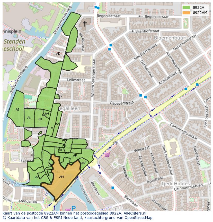 Afbeelding van het postcodegebied 8922 AM op de kaart.